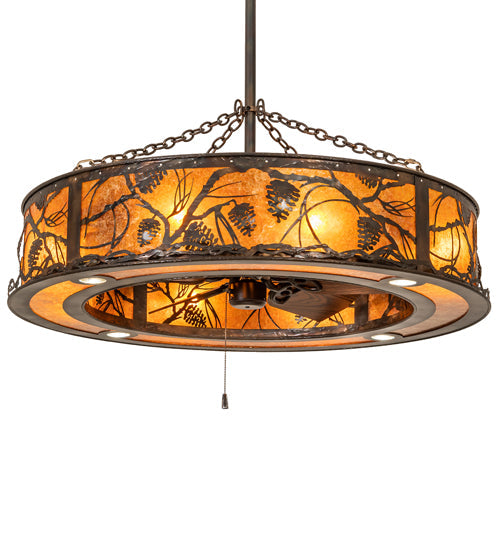 Meyda Lighting Whispering Pines 45" 12-Light Dark Burnished Antique Copper Chandelier With Amber Mica Shade Glass and Fan