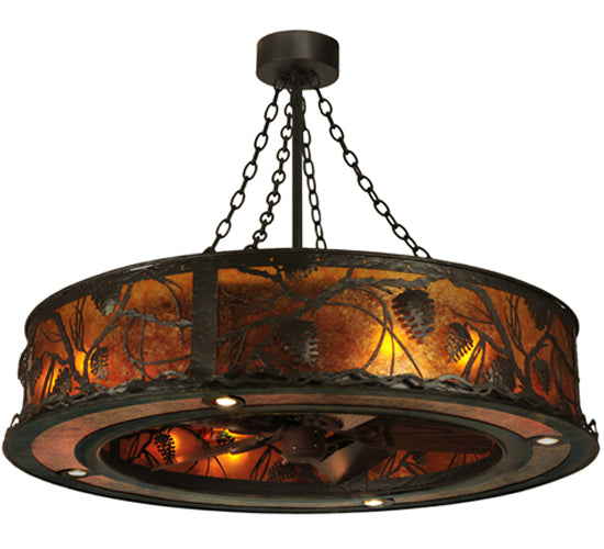 Meyda Lighting Whispering Pines 45" 12-Light Oil Rubbed Bronze Chandelier With Amber Mica Shade Glass and Fan