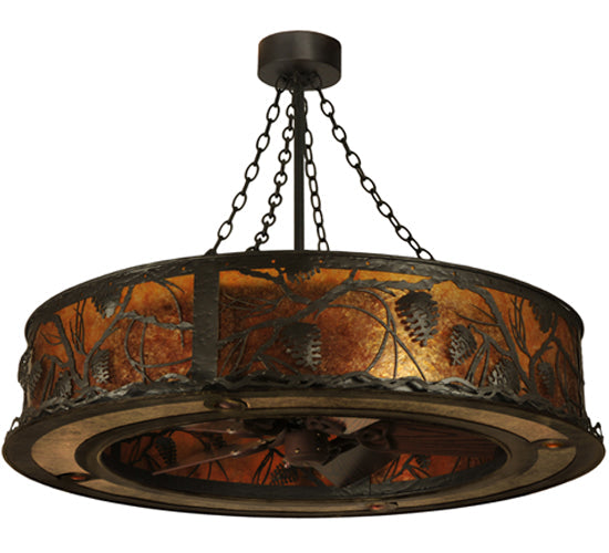 Meyda Lighting Whispering Pines 45" 12-Light Oil Rubbed Bronze Chandelier With Amber Mica Shade Glass and Fan