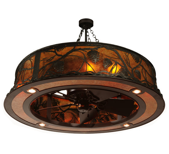 Meyda Lighting Whispering Pines 45" 12-Light Oil Rubbed Bronze Chandelier With Amber Mica Shade Glass and Fan