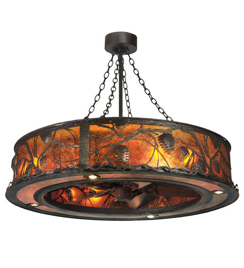 Meyda Lighting Whispering Pines 45" 12-Light Oil Rubbed Bronze Chandelier With Amber Mica Shade Glass and Fan
