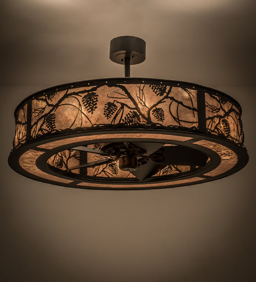 Meyda Lighting Whispering Pines 45" 12-Light Textured Black Chandelier With Silver Mica Shade Glass and Fan