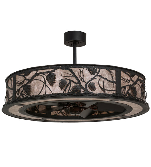 Meyda Lighting Whispering Pines 45" 12-Light Textured Black Chandelier With Silver Mica Shade Glass and Fan