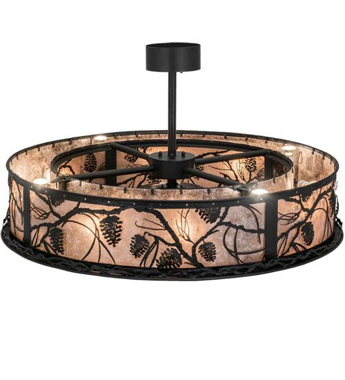 Meyda Lighting Whispering Pines 45" 12-Light Textured Black Chandelier With Silver Mica Shade Glass and Fan
