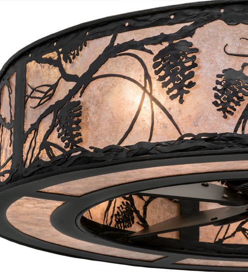 Meyda Lighting Whispering Pines 45" 12-Light Textured Black Chandelier With Silver Mica Shade Glass and Fan