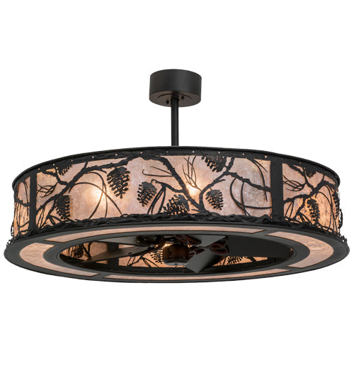 Meyda Lighting Whispering Pines 45" 12-Light Textured Black Chandelier With Silver Mica Shade Glass and Fan