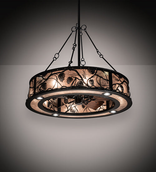 Meyda Lighting Whispering Pines 45" 16-Light Black Satin Wrought Iron Chandelier With Silver Mica Shade Glass and Fan