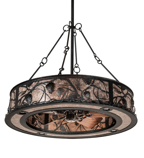 Meyda Lighting Whispering Pines 45" 16-Light Black Satin Wrought Iron Chandelier With Silver Mica Shade Glass and Fan