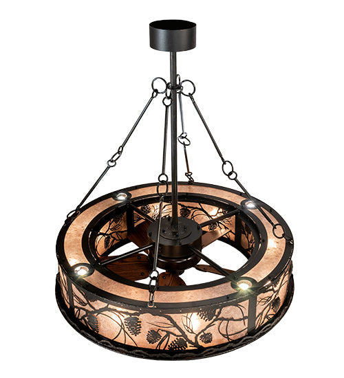 Meyda Lighting Whispering Pines 45" 16-Light Black Satin Wrought Iron Chandelier With Silver Mica Shade Glass and Fan