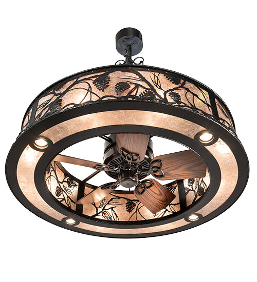 Meyda Lighting Whispering Pines 45" 16-Light Black Satin Wrought Iron Chandelier With Silver Mica Shade Glass and Fan