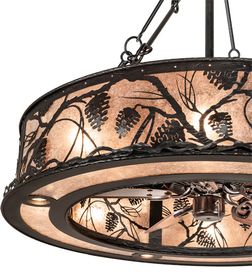 Meyda Lighting Whispering Pines 45" 16-Light Black Satin Wrought Iron Chandelier With Silver Mica Shade Glass and Fan
