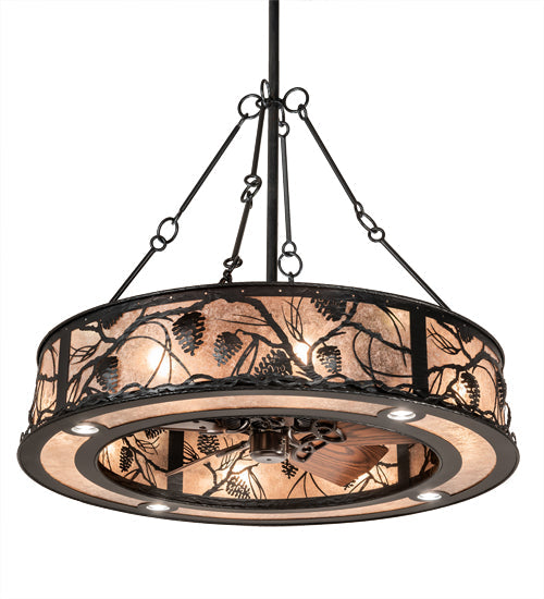 Meyda Lighting Whispering Pines 45" 16-Light Black Satin Wrought Iron Chandelier With Silver Mica Shade Glass and Fan