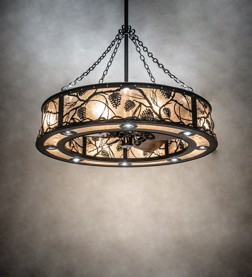 Meyda Lighting Whispering Pines 45" 24-Light Matte Black Chandelier With Silver Mica Shade Glass and Fan