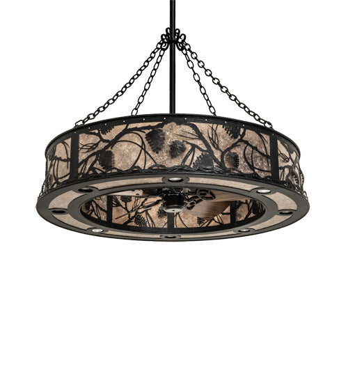 Meyda Lighting Whispering Pines 45" 24-Light Matte Black Chandelier With Silver Mica Shade Glass and Fan