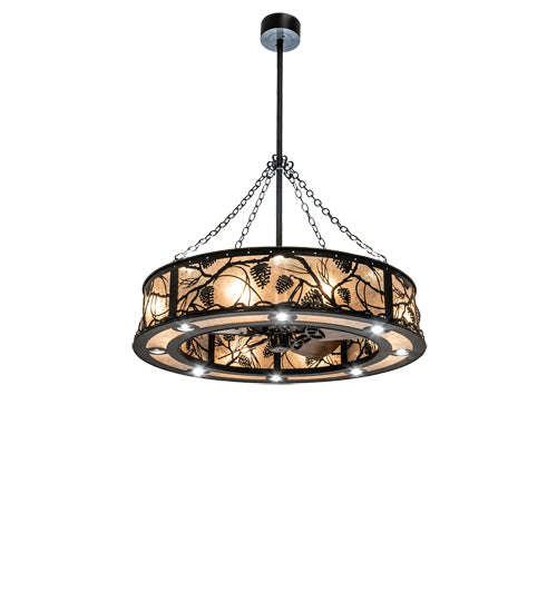 Meyda Lighting Whispering Pines 45" 24-Light Matte Black Chandelier With Silver Mica Shade Glass and Fan