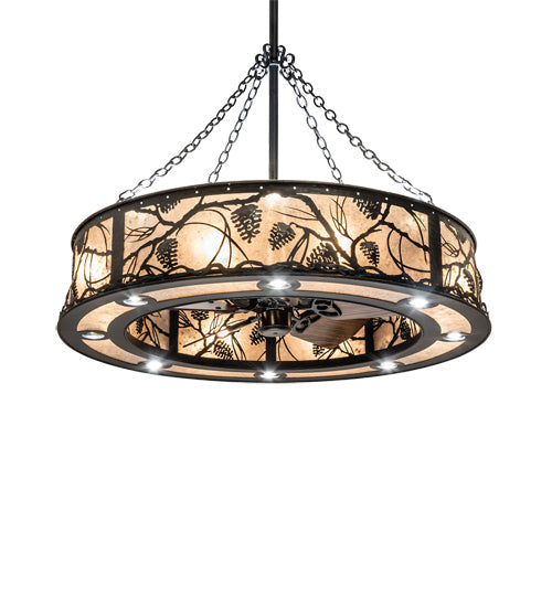 Meyda Lighting Whispering Pines 45" 24-Light Matte Black Chandelier With Silver Mica Shade Glass and Fan
