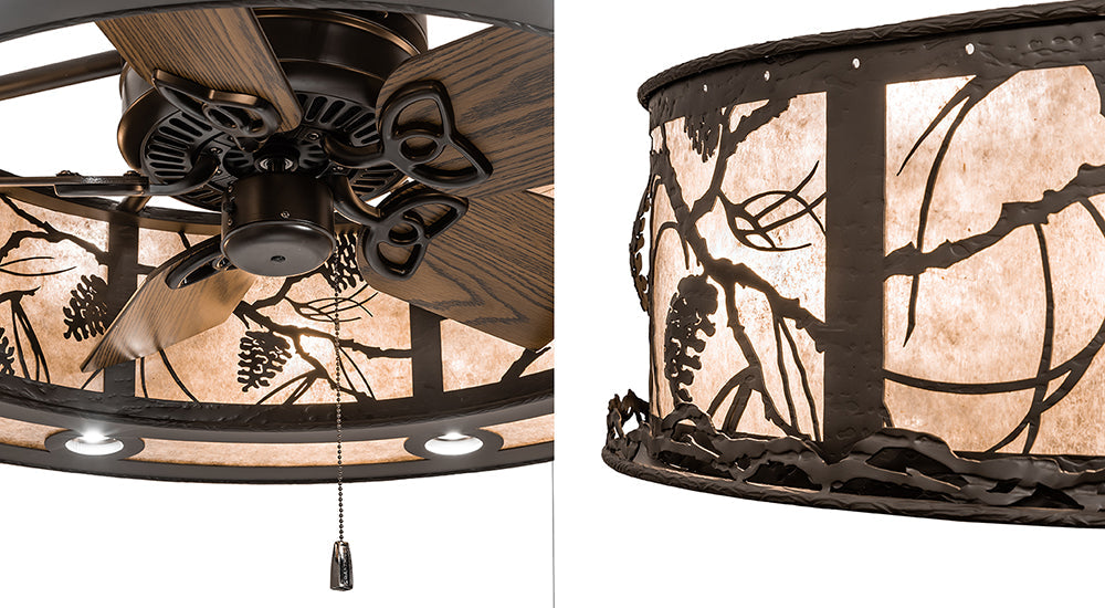 Meyda Lighting Whispering Pines 45" 24-Light Oil Rubbed Bronze Chandelier With Silver Mica Shade Glass and Fan