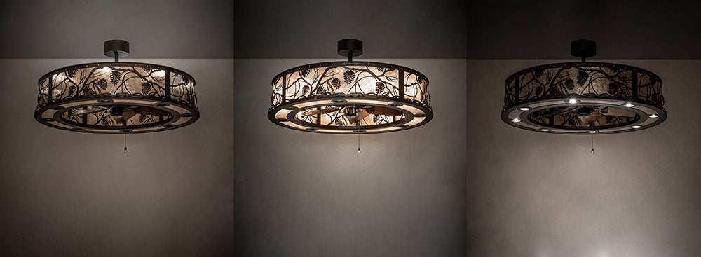 Meyda Lighting Whispering Pines 45" 24-Light Oil Rubbed Bronze Chandelier With Silver Mica Shade Glass and Fan