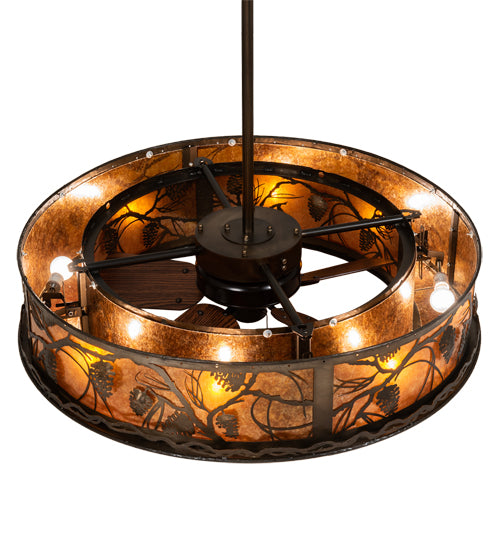Meyda Lighting Whispering Pines 45" 8-Light Antique Copper Chandelier With Amber Mica Shade Glass ad Fan