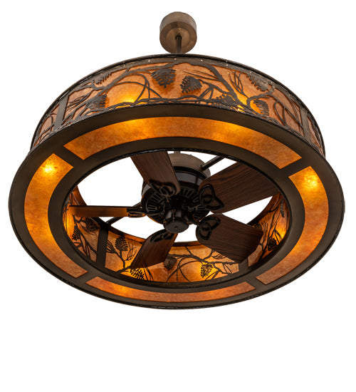 Meyda Lighting Whispering Pines 45" 8-Light Antique Copper Chandelier With Amber Mica Shade Glass ad Fan