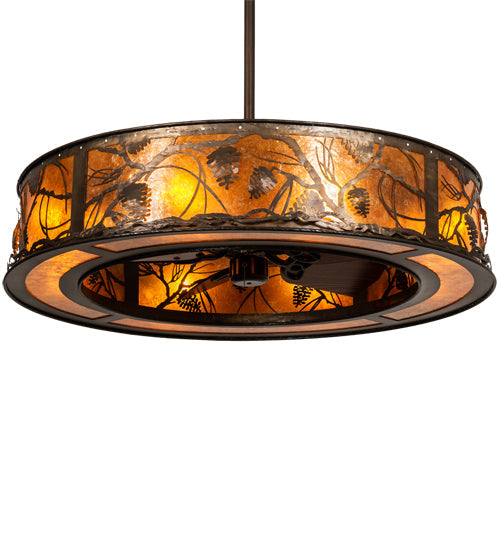 Meyda Lighting Whispering Pines 45" 8-Light Antique Copper Chandelier With Amber Mica Shade Glass ad Fan