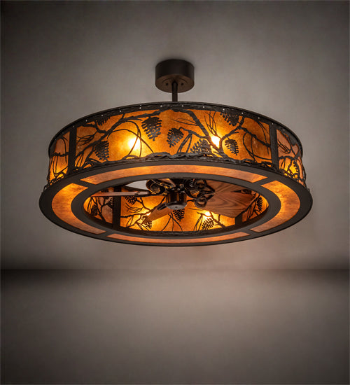 Meyda Lighting Whispering Pines 45" 8-Light Oil Rubbed Bronze Chandelier With Amber Mica Shade Glass and Fan