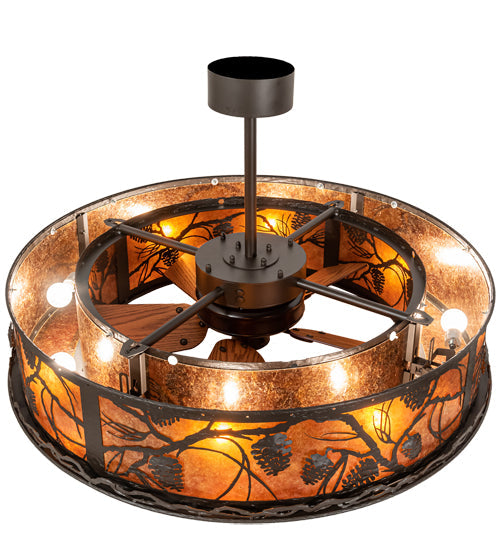 Meyda Lighting Whispering Pines 45" 8-Light Oil Rubbed Bronze Chandelier With Amber Mica Shade Glass and Fan
