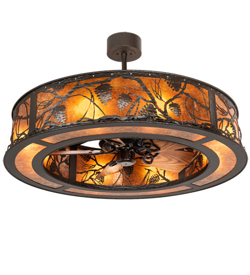 Meyda Lighting Whispering Pines 45" 8-Light Oil Rubbed Bronze Chandelier With Amber Mica Shade Glass and Fan