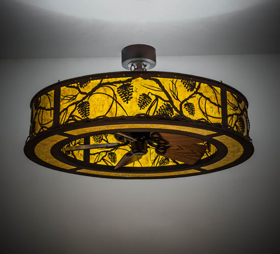 Meyda Lighting Whispering Pines 45" LED Rust & Wrought Iron Chandelier With Amber Mica Shade Glass