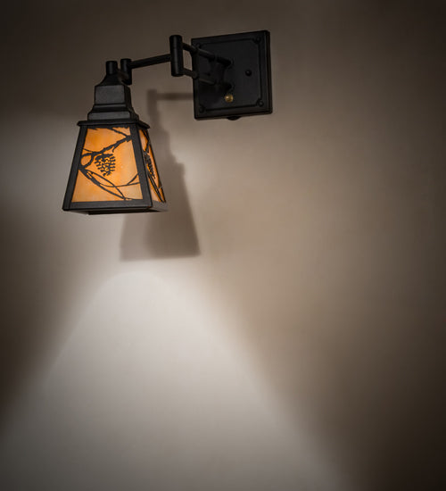 Meyda Lighting Whispering Pines 5-14" Textured Black Swing Arm Wall Sconce With Beige Art Shade Glass