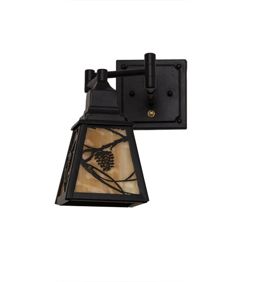 Meyda Lighting Whispering Pines 5-14" Textured Black Swing Arm Wall Sconce With Beige Art Shade Glass
