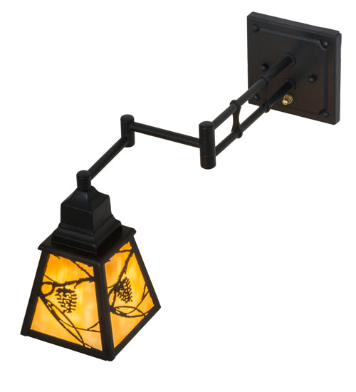 Meyda Lighting Whispering Pines 5-14" Textured Black Swing Arm Wall Sconce With Beige Art Shade Glass