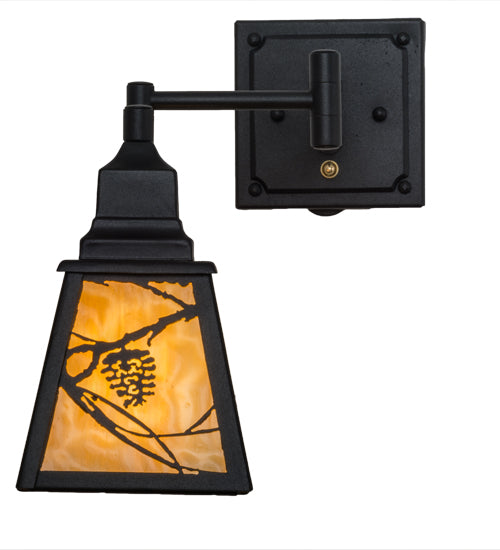 Meyda Lighting Whispering Pines 5-14" Textured Black Swing Arm Wall Sconce With Beige Art Shade Glass