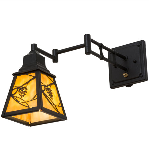 Meyda Lighting Whispering Pines 5-14" Textured Black Swing Arm Wall Sconce With Beige Art Shade Glass