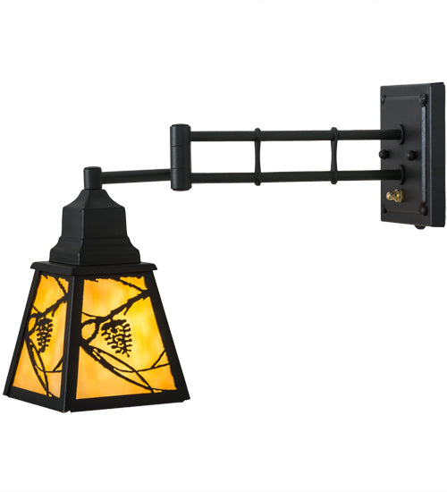 Meyda Lighting Whispering Pines 5-14" Textured Black Swing Arm Wall Sconce With Beige Art Shade Glass