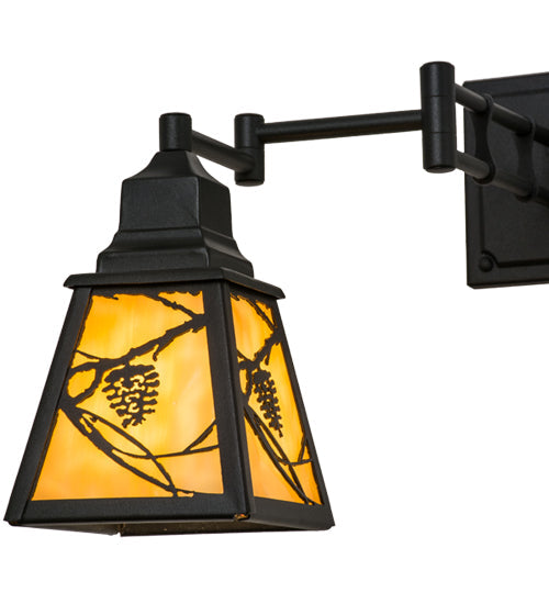 Meyda Lighting Whispering Pines 5-14" Textured Black Swing Arm Wall Sconce With Beige Art Shade Glass