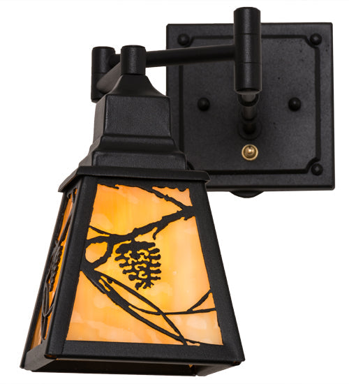 Meyda Lighting Whispering Pines 5-14" Textured Black Swing Arm Wall Sconce With Beige Art Shade Glass