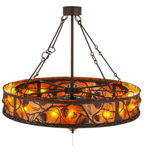 Meyda Lighting Whispering Pines 52" 15-Light Cafe Noir Chandelier With Amber Mica Shade Glass and Fan