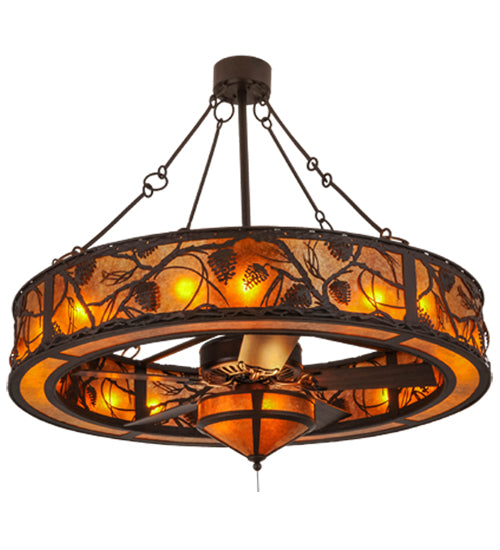 Meyda Lighting Whispering Pines 52" 15-Light Cafe Noir Chandelier With Amber Mica Shade Glass and Fan