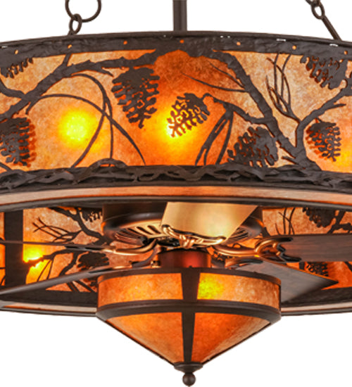 Meyda Lighting Whispering Pines 52" 15-Light Cafe Noir Chandelier With Amber Mica Shade Glass and Fan