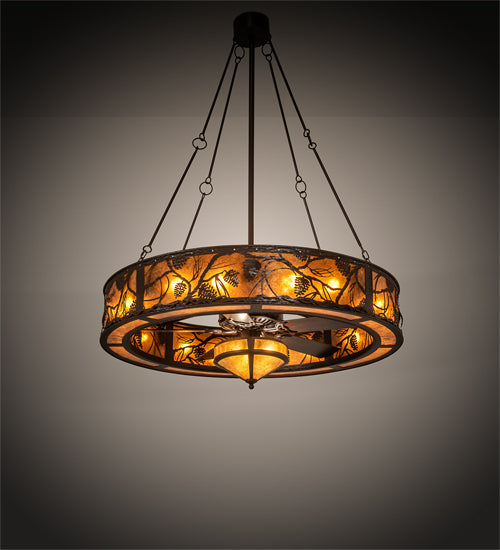 Meyda Lighting Whispering Pines 52" 19-Light Cafe Noir Chandelier With Amber Mica Shade Glass and Fan