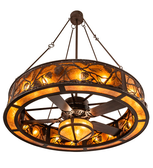 Meyda Lighting Whispering Pines 52" 19-Light Cafe Noir Chandelier With Amber Mica Shade Glass and Fan