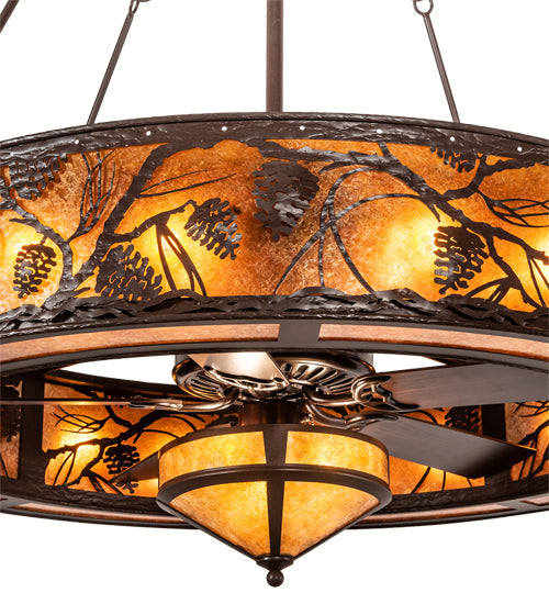Meyda Lighting Whispering Pines 52" 19-Light Cafe Noir Chandelier With Amber Mica Shade Glass and Fan