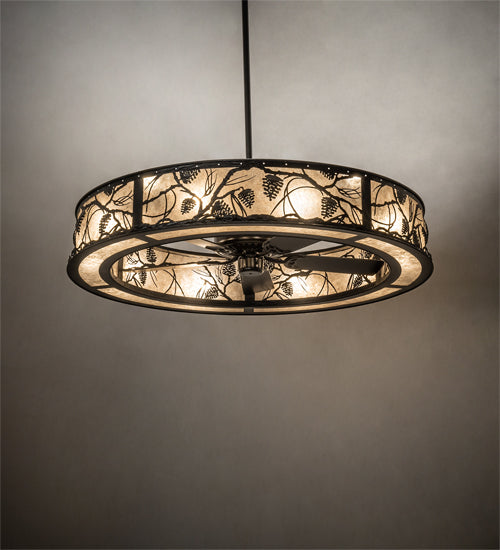 Meyda Lighting Whispering Pines 55" 15-Light Textured Black Chandelier With Silver Mica Shade Glass and Fan