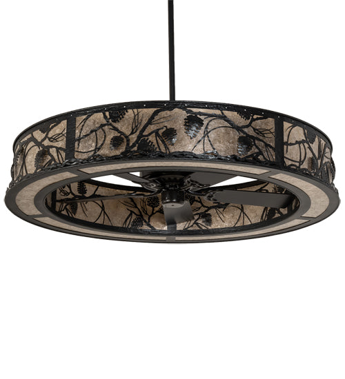 Meyda Lighting Whispering Pines 55" 15-Light Textured Black Chandelier With Silver Mica Shade Glass and Fan