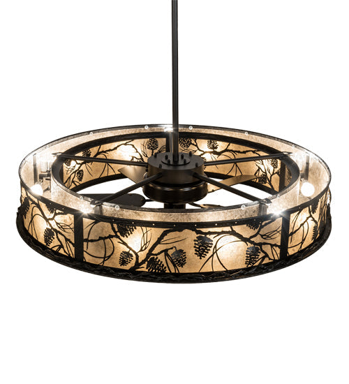 Meyda Lighting Whispering Pines 55" 15-Light Textured Black Chandelier With Silver Mica Shade Glass and Fan