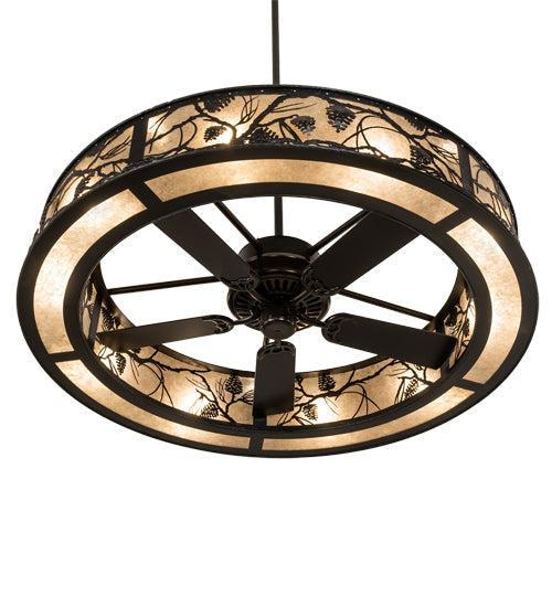 Meyda Lighting Whispering Pines 55" 15-Light Textured Black Chandelier With Silver Mica Shade Glass and Fan