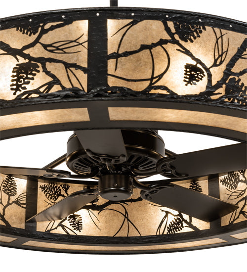 Meyda Lighting Whispering Pines 55" 15-Light Textured Black Chandelier With Silver Mica Shade Glass and Fan