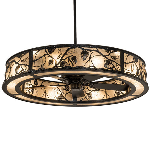 Meyda Lighting Whispering Pines 55" 15-Light Textured Black Chandelier With Silver Mica Shade Glass and Fan