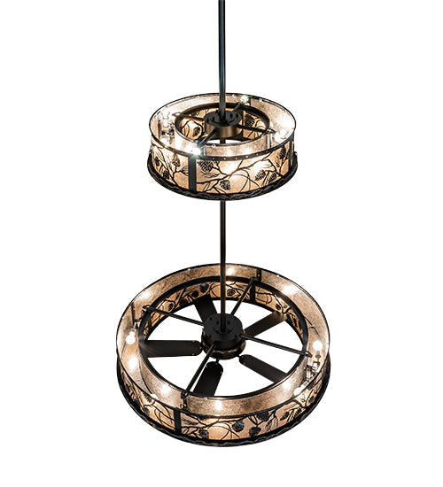 Meyda Lighting Whispering Pines 56" 24-Light Textured Black Chandelier With Silver Mica Shade Glass and Fan